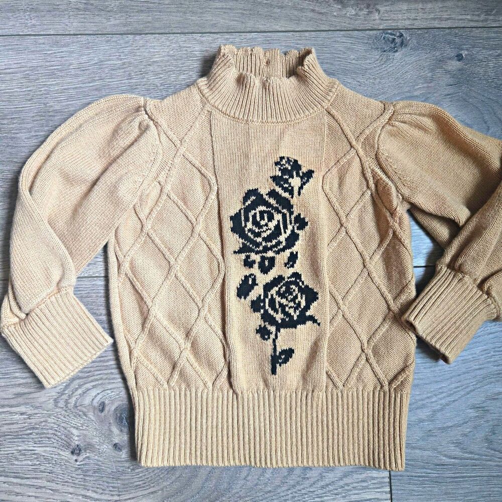 Janie and Jack Sweater 6-12M Tan Beige Cable Knit Floral Rose Mock Neck Puff Slv